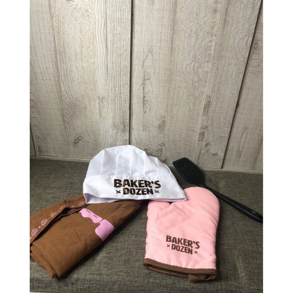 Baker's Dozen 4-Piece Baking Set Brown Apron Pink Oven Mitt Chef Hat Spatula